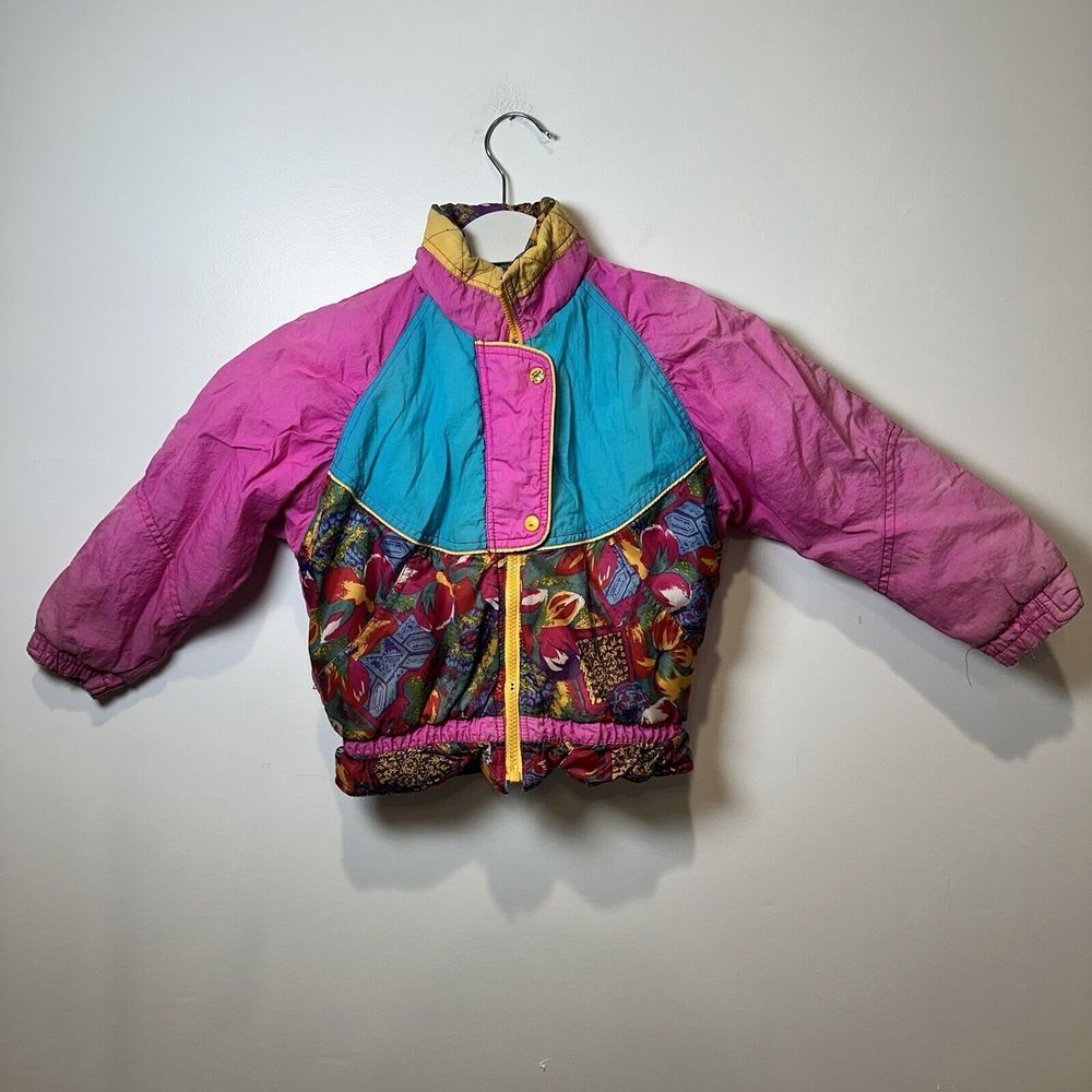 Vintage Kids Puffer Jacket Pink Teal Colorblock Retro 80s 90s Bomber Coat